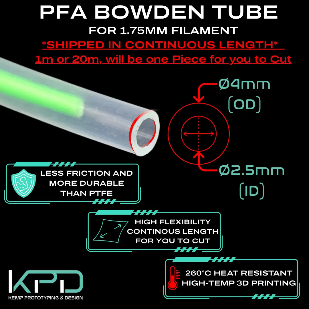 KPD Company 3D Printer Bowden Tubing, 2.5mm x 4mm x 1 Meter, PFA Material, High Temperature Resistance, 1.75mm Filament Compatible