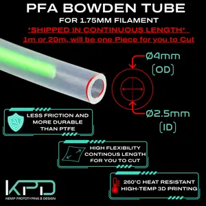 KPD Company 3D Printer Bowden Tubing, 2.5mm x 4mm x 1 Meter, PFA Material, High Temperature Resistance, 1.75mm Filament Compatible