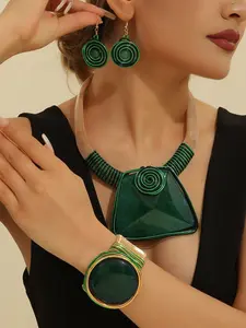 Bohemian 3 Piece Trendy Jewelry Set Handmade Acrylic Large Tassel Statement Necklace Earrings Open Bangle Set Statement Jewelry for Women
