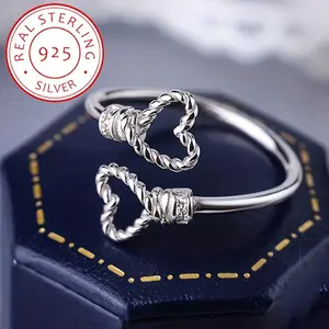 Adjustable Heart-Shaped 925 Sterling Silver Cuff Ring - Exquisite Braiding, Comfort Fit, Ideal for Casual Attire, Versatile Women's Jewelry