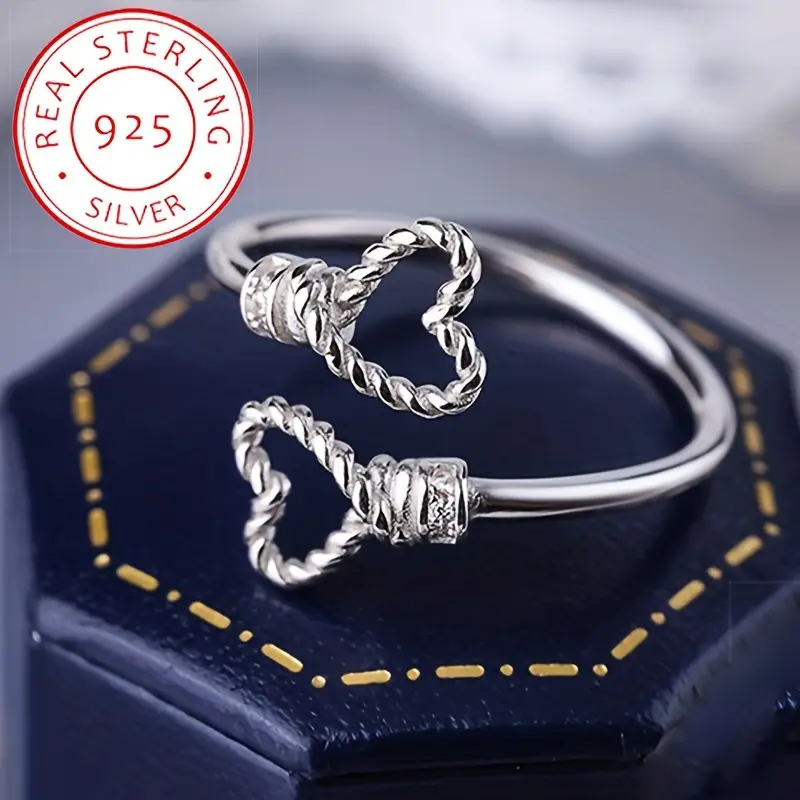 Women's 925 Sterling Silver Braided Heart Adjustable Cuff Ring - One Size Fits All, Vintage Classic Versatile Fashion Jewelry for Casual Daily Wear & Wedding, Adjustable Rings