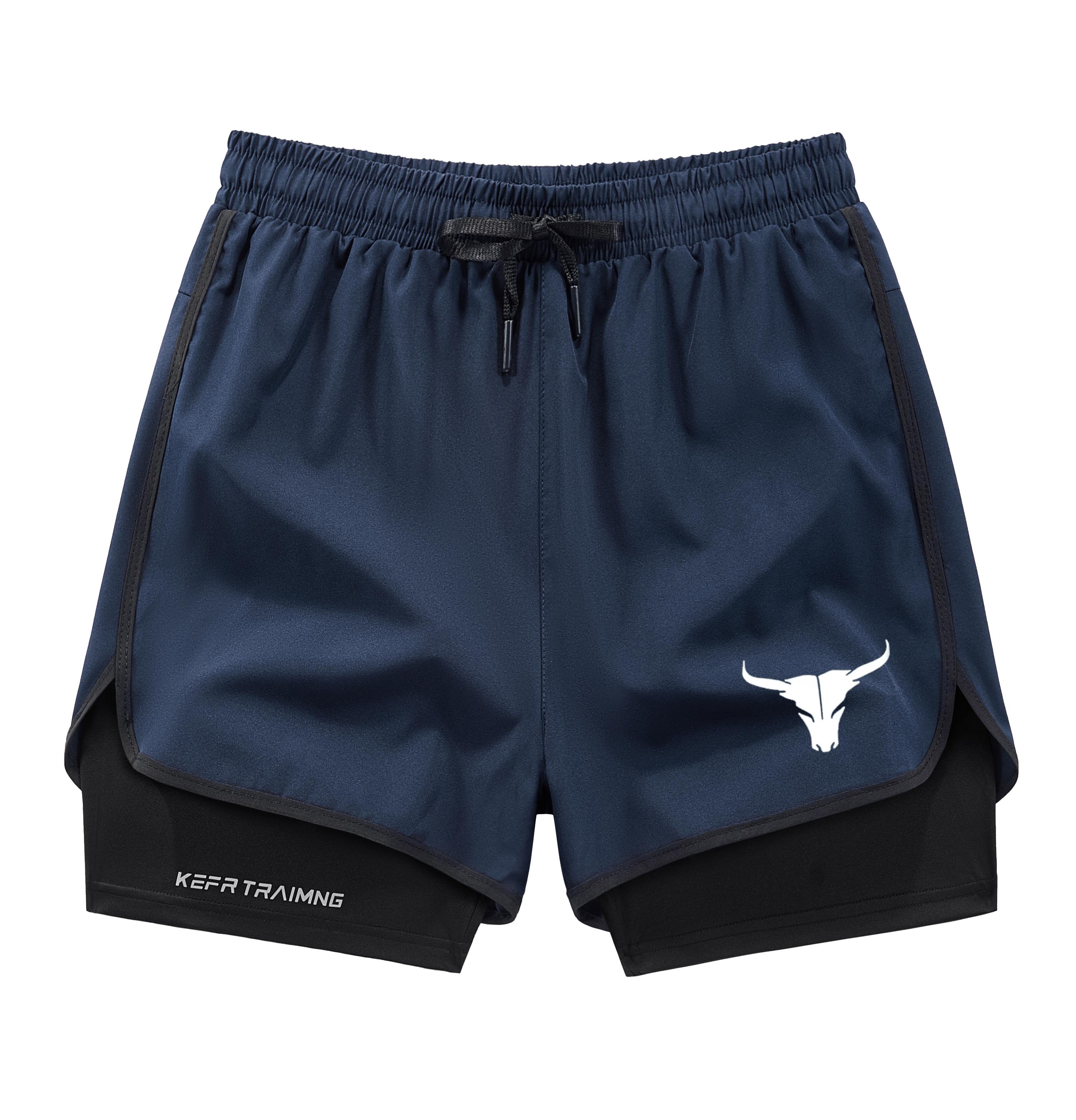 Men's 2 in 1 Quick Dry Gym Shorts, Bull Graphic Double-Decker Athletic Shorts with Zipper Pockets, 3 Pack Workout Running Shorts for Men