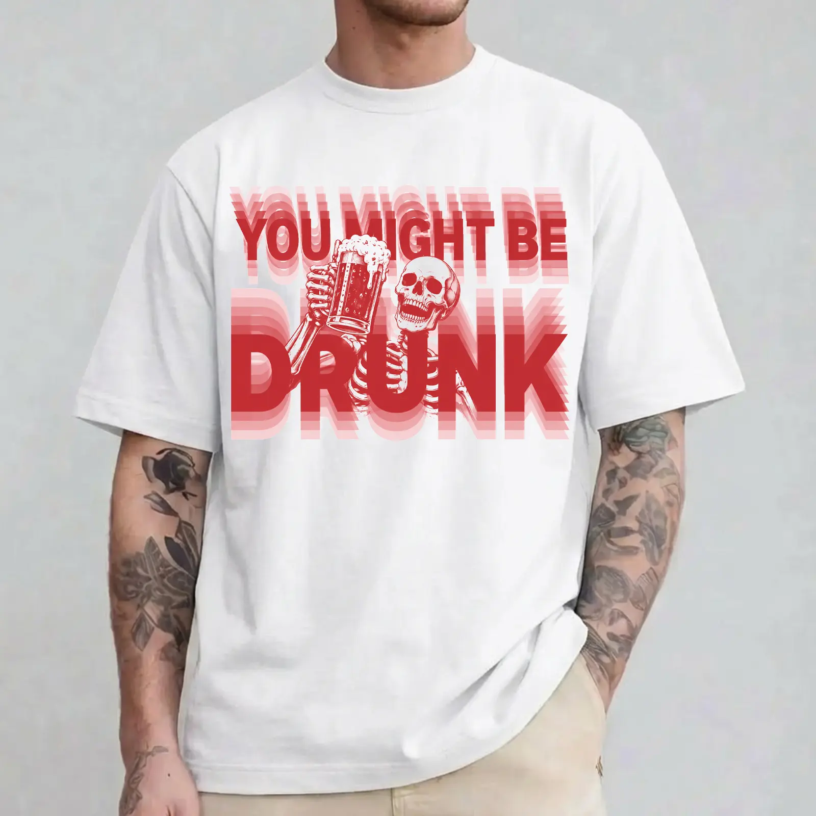 Women's Soft Cotton Short-Sleeve Round Neck Fitted Tops - Digital Print "You Might Be Drunk" Skeleton Beer Drinking Blurry Party Alcohol Humorous Unisex Casual T-Shirt Gift