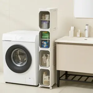 4-Tier Slim Storage Cabinet with Drawers & Doors, Foldable Plastic Organizer with Wheels, Adjustable Shelves, Stackable Narrow Storage for Bathroom, Kitchen & Small Spaces