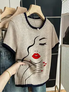 Abstract Portrait Print Round Neck Sweater, Casual Short Sleeve Knitwear for Spring Summer Fall, Comfortable Warm Women's Clothing