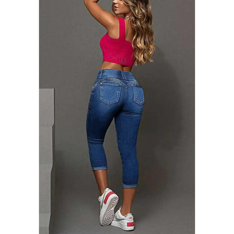Women's High-Waisted Denim Jeans - Bottom with Distressed Details, Rolled Hem, Chic Fit, Comfortable Style for Fashionable Wear