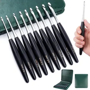 Inline Crochet Hooks Set 9 Sizes 3.5mm(E)-8mm(L) Wooden Handle Crochet Hooks Set with Case,Ergonomic Grip for Arthritic Hands
