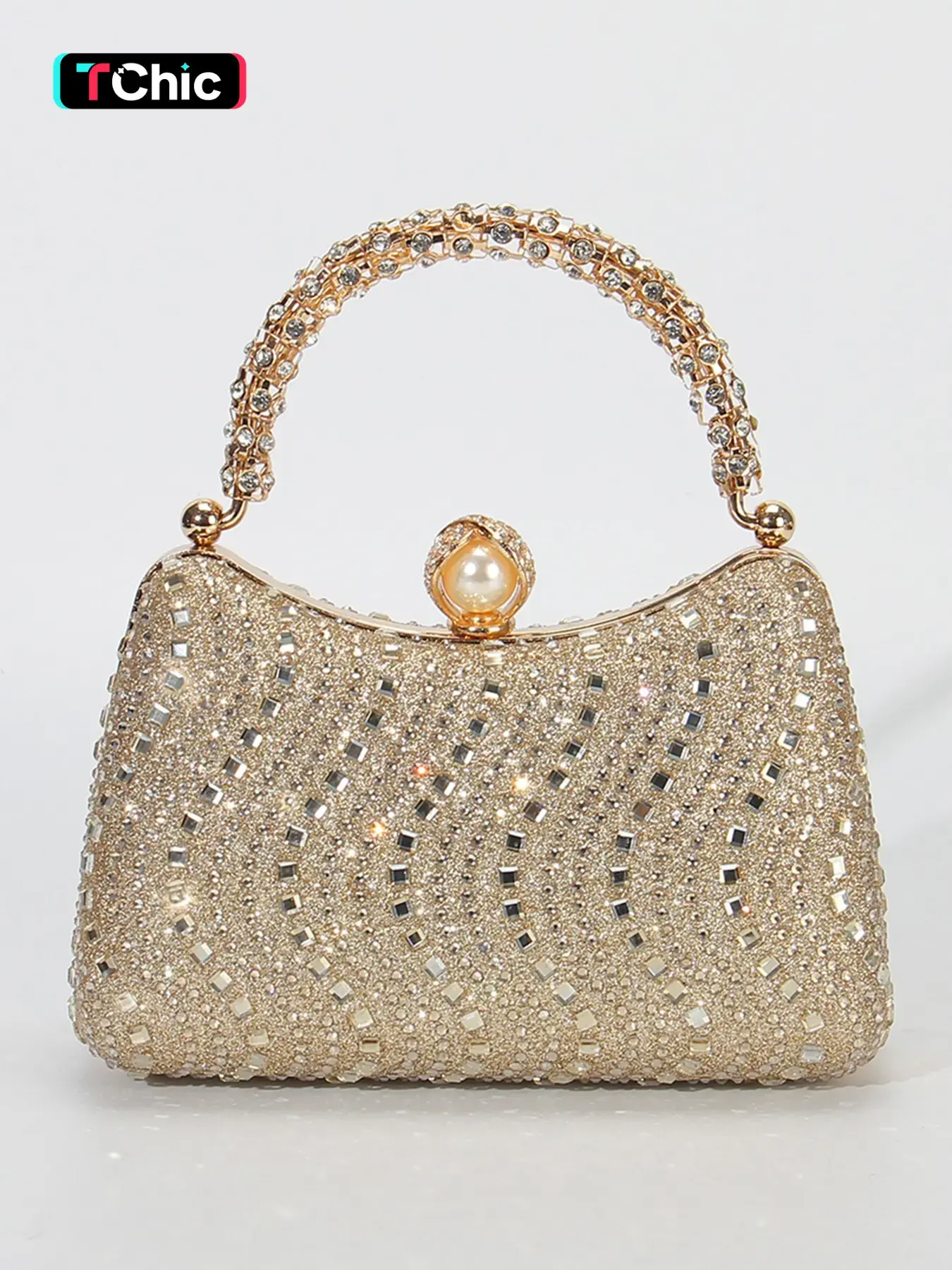 Luxurious Rhinestone Women's Elegant Bling Evening Bag, Detachable Chain Shoulder Crossbody, Hollow Out Design, Pearl Lock, Perfect for Weddings, Parties, Graduation, Evening Clutch Purse