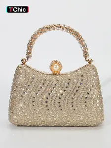Luxurious Rhinestone Women's Evening Bag, Detachable Chain Shoulder Crossbody, Hollow Out Design, Pearl Lock, Perfect for Weddings, Parties, Graduation