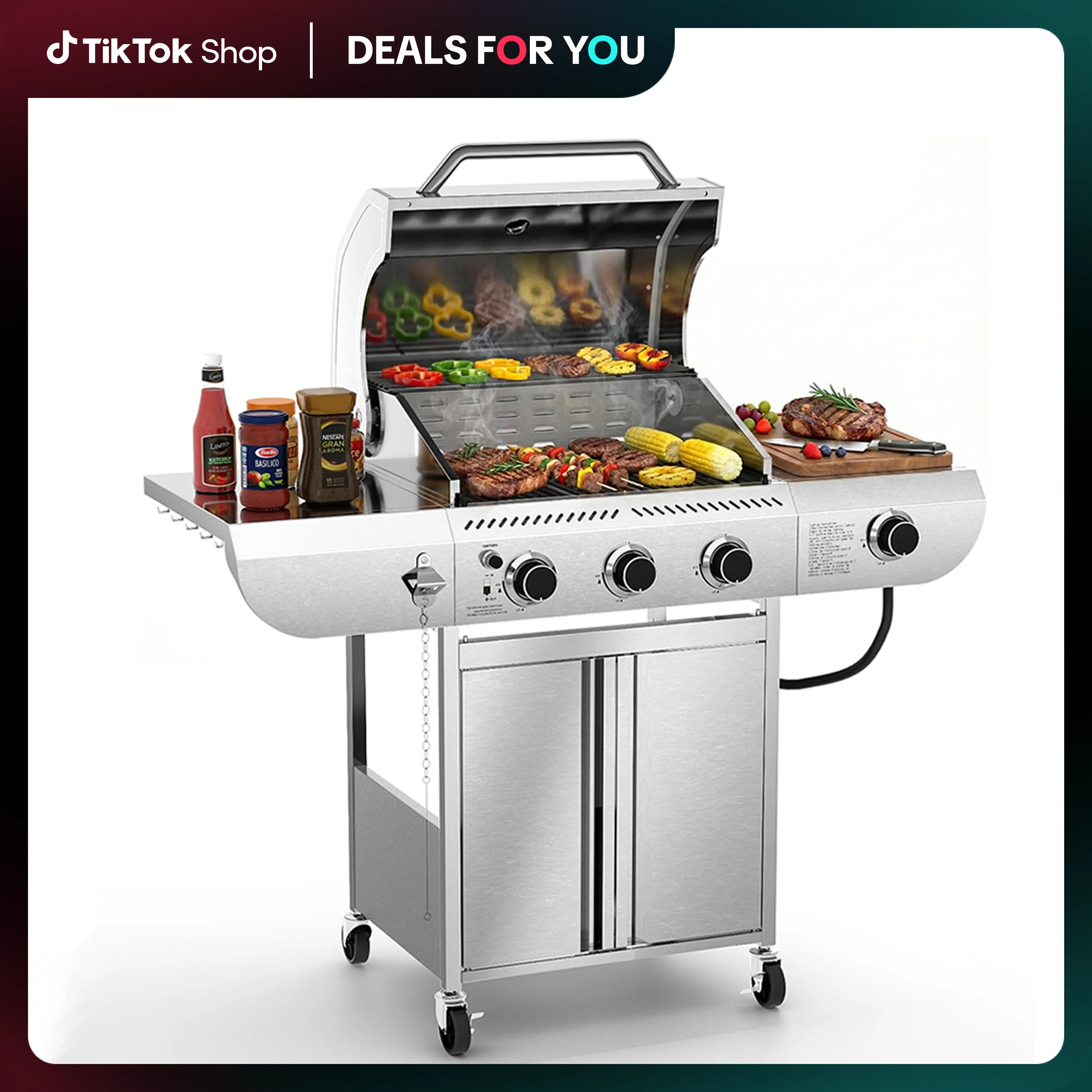 R.W.FLAME【SummerFinds】Propane Gas Grill, Stainless Steel BBQ Grill with Foldable Shelves, Outdoor Grill for Backyard, Patio, and Camping Portable Bbqs Barbecue grills