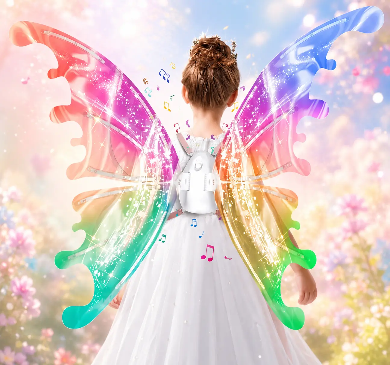Light Up Electric Butterfly Wings for Girls, Musical Glowing Fairy Wings Costume, Moving LED Sparkle Angel Wings, Kids Princess Dress Up Accessories for Birthday Party Halloween Cosplay