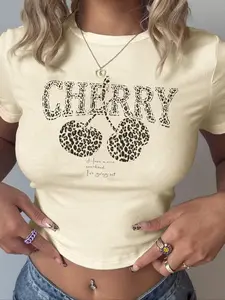 Women's Cherry & Letter Print Round Neck Tee, Casual Short Sleeve Crew Neck T-shirt for Summer, Fashion Women's Top for Daily Wear