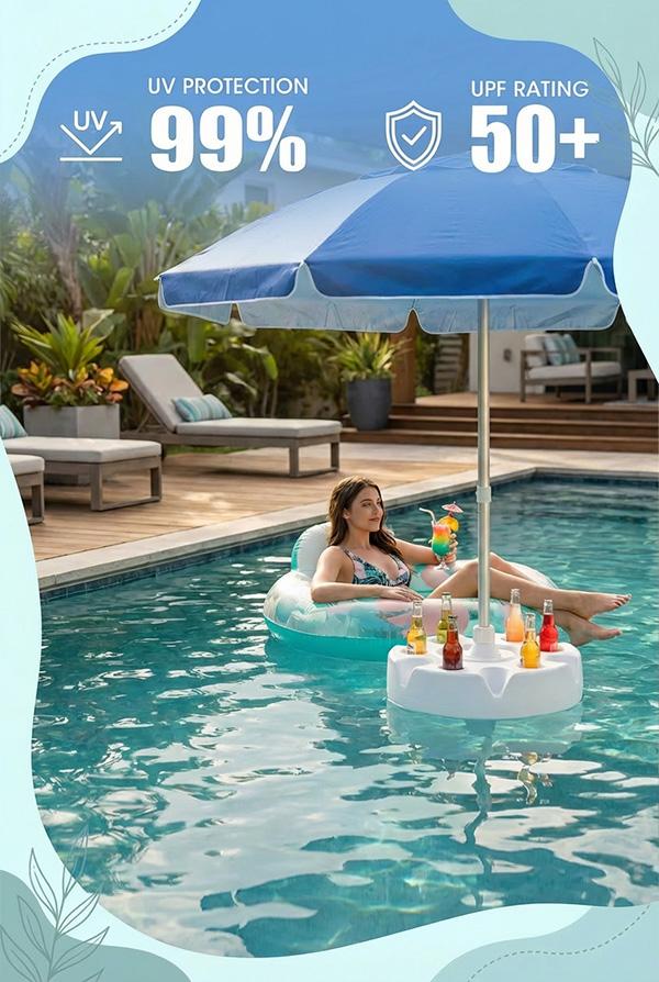 Floating Table Umbrella with Base and Cup Holder, Portable Pool Umbrella for Inside of Pool, Floating Poolside Shade Include Easy Carry Bag for Swimming Area, Lake House, Beach