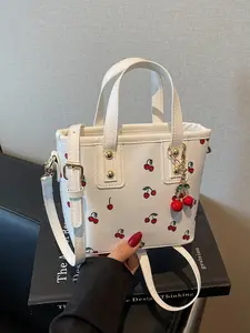 Cherry Print Satchel PU Leather Handbag with Cherry Pendant Charm, Elegant Women's Purse for Parties & Daily Use, Perfect for Office & Casual