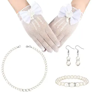 P-GCS020    4 Pcs Pearl Necklace Sets for Little Girls Toddler Girls Jewelry Communion Glove for Christmas Tea Party Wedding