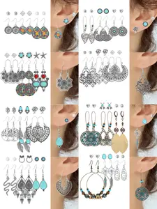 12 Pairs/24 Pairs Retro Silver Color Drop Earrings Set, Boho Geometric Waterdrop Leaf Design, Elegant Jewelry Accessories, Dangle Earrings