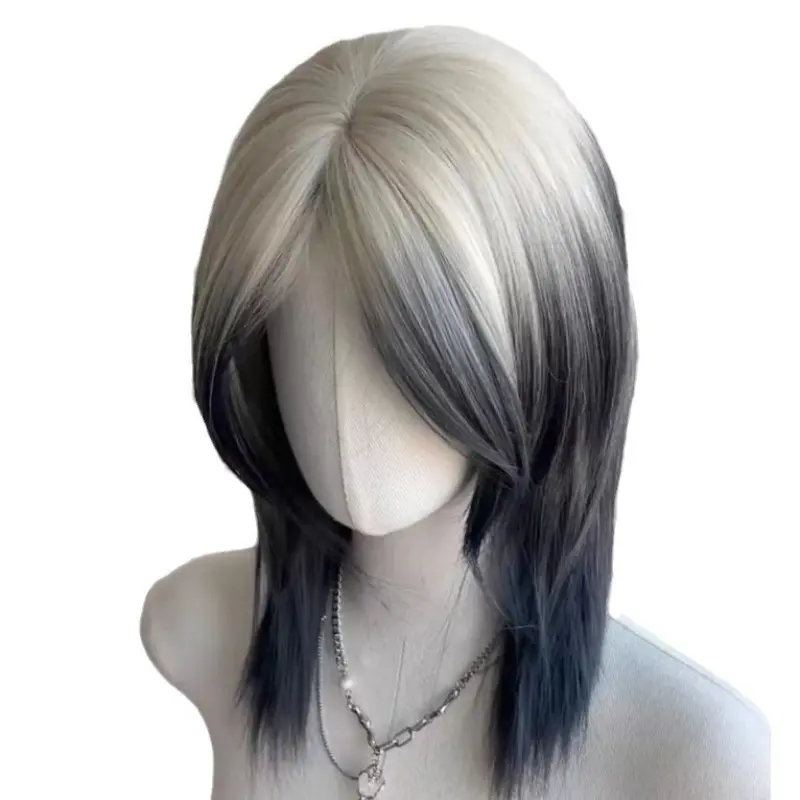 Unisex long "wolf cut" / mullet wig featuring gradient highlights, a samurai-style top-knot look, center part, and half-up styling; full-head realistic synthetic wig.