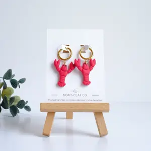 Stainless Steel Red Lobster Earrings | Hypoallergenic | Elegant Gold Plated Fine Jewelry | Polymer Clay | Handmade