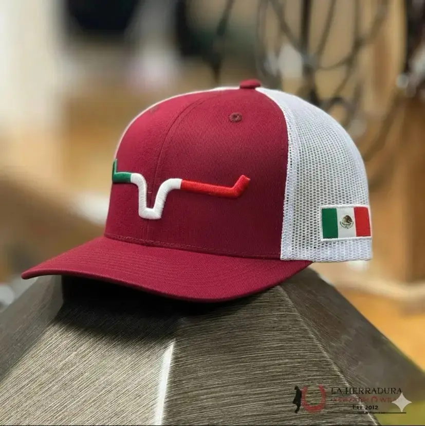 Kimes Ranch Mexico Flag Trucker Hat | Red & White Mesh Snapback Cap | Western Rodeo Style Baseball Hat | Adjustable Outdoor Hat for Men & Women