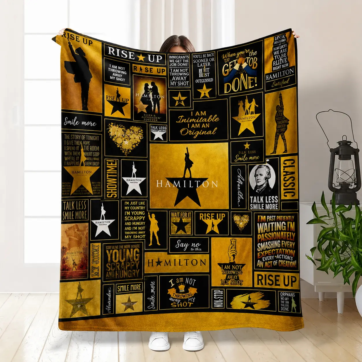 Classic Music Hamilton Throw Blanket , Classic Quotes and Outline Design Embroidered Signage, Perfect for Bedroom Decoration and Air-Conditioned Rooms It's a seasonal blanket suitable for various scenarios. It's an excellent gift for fans.