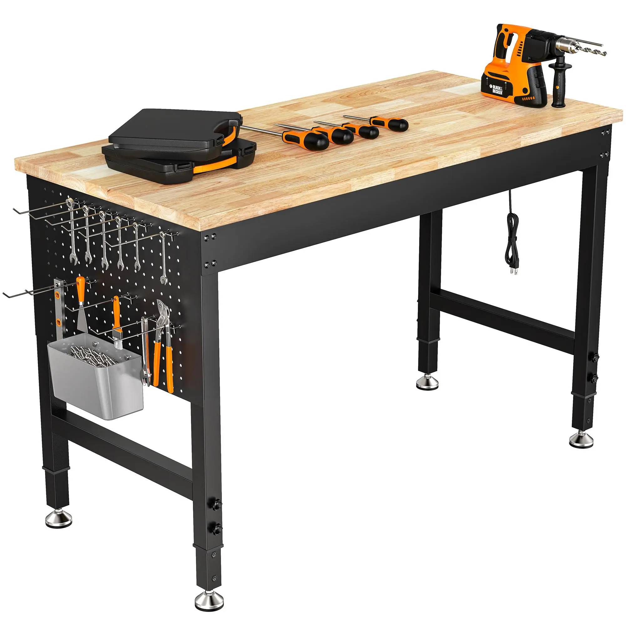 CAMMOO Adjustable Heavy-Duty Rubber Wood Workbench - 2000lbs Capacity Garage Tool Organizer, Storage Stand with Pegboard Combo Tool Racks & Bars, Power Strip for Garage, Workshop