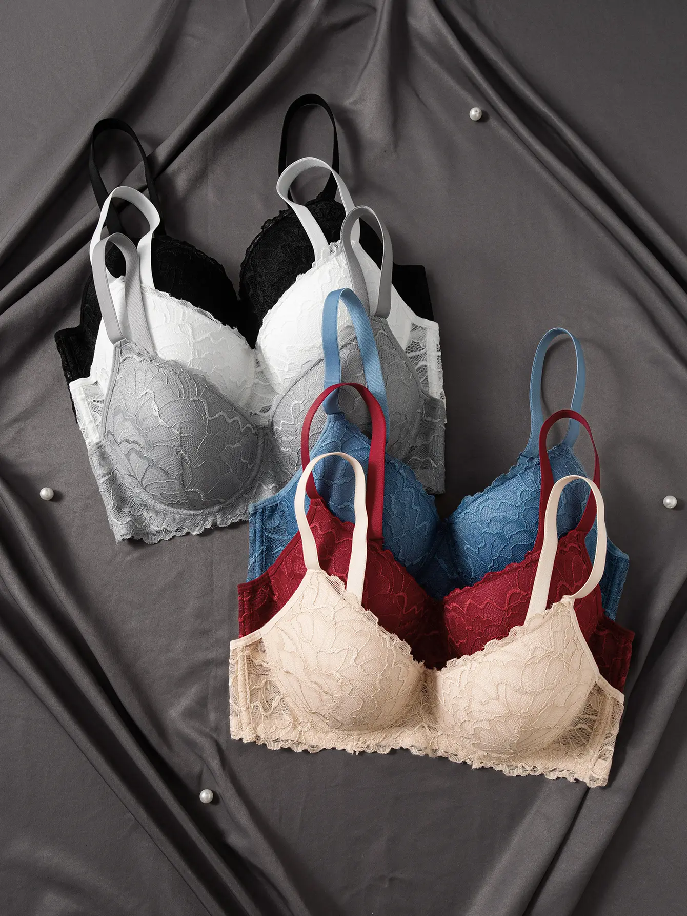 6pcs Set Women's Solid Color Lace Bras, High-Quality Full Lace Patchwork Design Fabric with Underwire, Semi-Sheer Lightweight Lace with Breathable Soft and Comfortable Back and Side Panels, Refreshing and Quick-Drying for Summer, Suitable for Daily