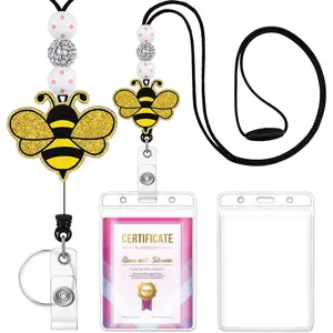 X-KC39   Teacher Lanyards for Id Badges Reel Retractable Keys Holder Cute Yellow Bee Beaded Card Keychain for Women Student Work School Office