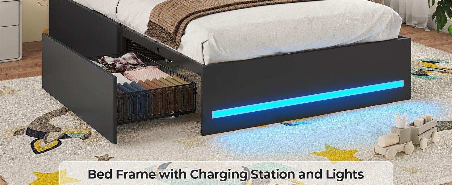 SIKAIC LED Bed Frame - Bedroom Furniture with MDF Board Bookcase Headboard, 4 Storage Drawers, USB Port, Type-C Charging Station, Black LED Light Platform Bed