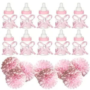 24PCS 3.5 Inch Baby Shower Milk Bottle Candy Box with 8PCS Artificial Flowers Mini Plastic Baby Bottle for Baby Shower Favor Gender Reveal Gift Decoration Pink