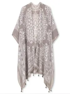 Women's Ethnic Pattern Fringe Trim Kimono Cover Up, Boho Batwing Sleeve Open Front Cover Up, Ladies Summer Clothes for Beach Holiday Vacation, Beach Cover Ups, Swimsuit Cover Ups