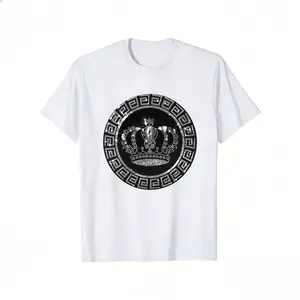 Men's Fashion Black and White Decorative Crown Print Pattern T-Shirt, Vintage Elegant Luxury Crown Pattern, Men's Street Fashion Clothing