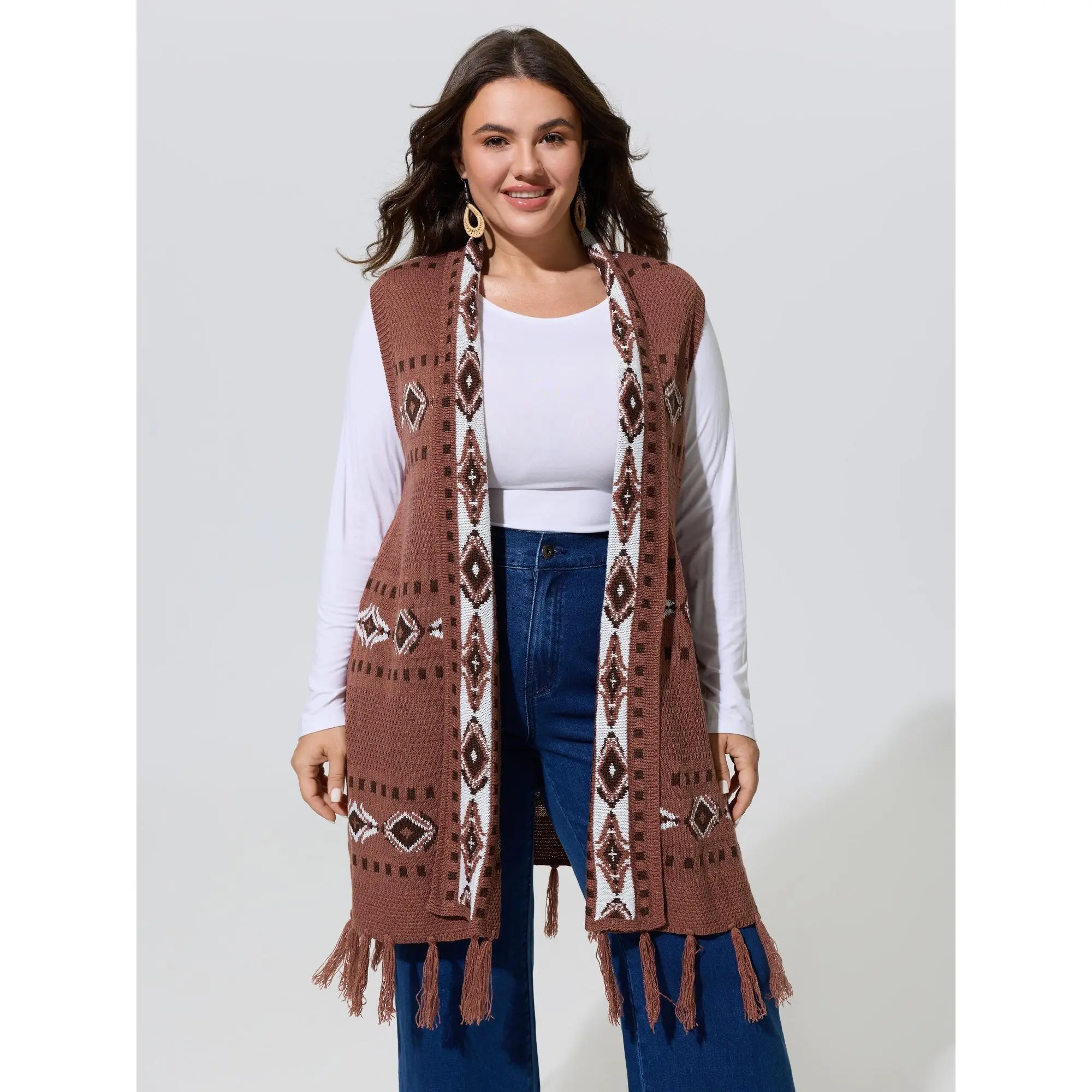 BLOOMCHIC Women's Plus Size Sleeveless Geometric Jacquard Fringe Hem Sweater Vest - Fabric Garment with Flat Fit, Sizes M-6X, Summer Finds, Tops