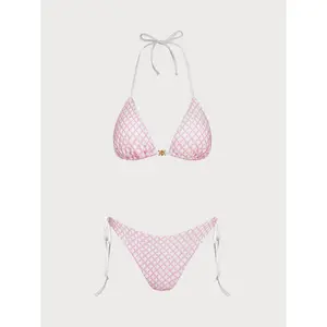 Pink Contrast Plaid Shell Trim Bikini Set Bikini Set Sexy Slim Figure Design Solid Color Simple Style Quick Dry Comfortable Hot Spring Pool Bathing Suit