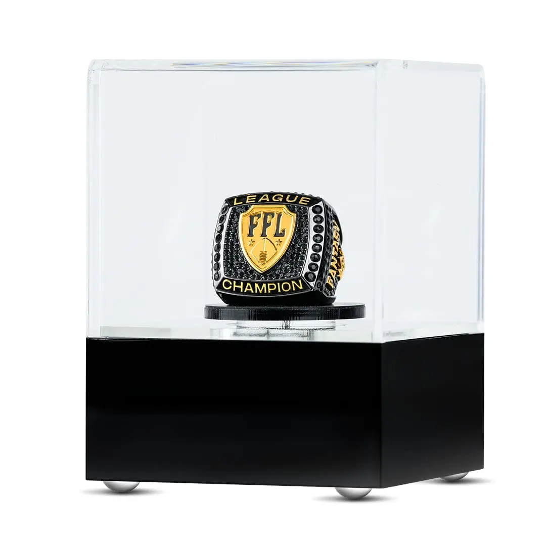 Championship Ring Spinning Display Case with Freestanding Spinning Base - AA Battery-Powered Home Supplies Organizer, Custom Front Metal Design, Bridal Party Gift, No Extra Tools Needed Ring Holder for League Memorabilia