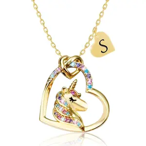 Valentines Day Gifts - Unicorn Necklace Gifts for Girls,  CZ Heart Unicorn  Initial Girls Birthday Colorful Heart Necklace Birthday present