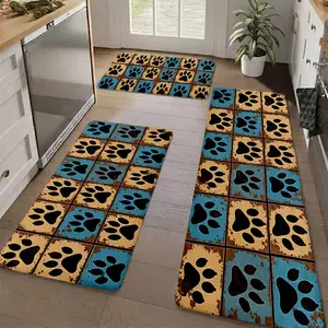 3-Piece Non-Slip Kitchen Rug Set - Aesthetic Checkered Paw Print, Washable Floor Mats & Runner for Kitchen Sink, Laundry & Pet Lover Decor