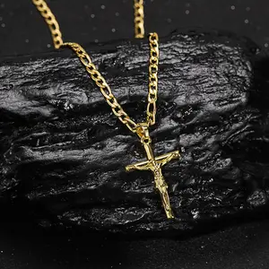 18K Gold Plated Crucifix Necklace for Men with Cuban Chain, Catholic Jesus Cross Pendant, Men's Religious Gift for Easter Christmas