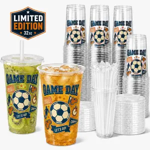 50-Pack 12-32oz Clear Plastic Iced Coffee Cups with Lids and Straws, Disposable To Go Cups for Smoothies, Milkshake, Cold Beverages, Coffee Bar Accessories