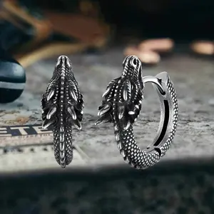 GTHIC Punk Dragon Shape Stainless Steel Hoop Earrings Fierce Gothic Jewelry for Men and Women Daily Style