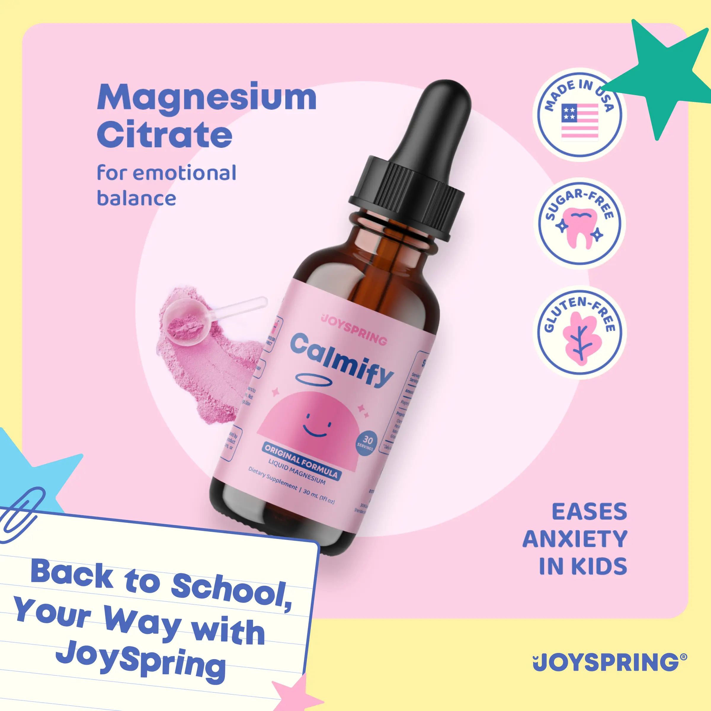 JoySpring Calmify Liquid Magnesium Citrate for Kids – Gentle Natural Calming Support with Chamomile & Passion Flower - Promotes Relaxation and Reduces Stress