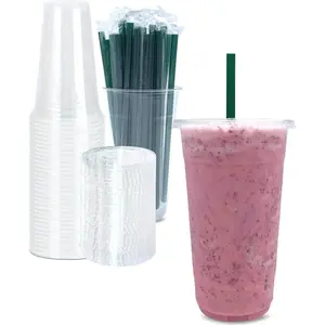 [50 SETS] 32 oz Clear Plastic Cups with Lids and STRAWS, Disposable Drinking Cups for Cold Drinks, Iced Coffee, Milkshakes, Smoothies