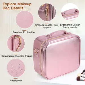 Travel cosmetic bag with LED mirror, three-color light-adjustable detachable mirror rechargeable cosmetic bag, travel essentials makeup organizer, vanity case with adjustable baffle and brush holde2612-rose gold