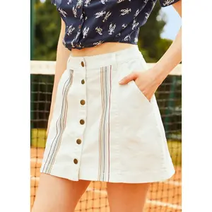 ModCloth A Spring Fling Button Down A-Line Mini Skirt with Pockets Rainbow Embroidery (S-4X) Ivory Khaki Denim