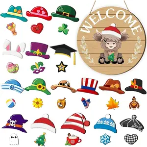 35 count Christmas Interchangeable Highland Cow Welcome Sign Hanging Seasonal Cow  Wooden Front Door Decor with 17 Interchangeable Hat 17  Swappable Pieces for Farmhouse Holiday(Brown)