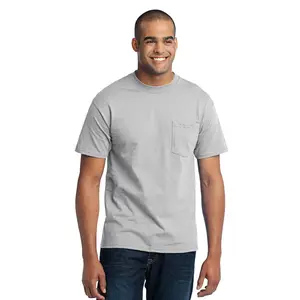 Port and Company Men's Classic Plain Shortleeve Round Neck Ash Cotton-Polyester Core Blend Pocket T-Shirt Top PC55P - Soft Fabric, Convenient Pocket, Essential Menswear