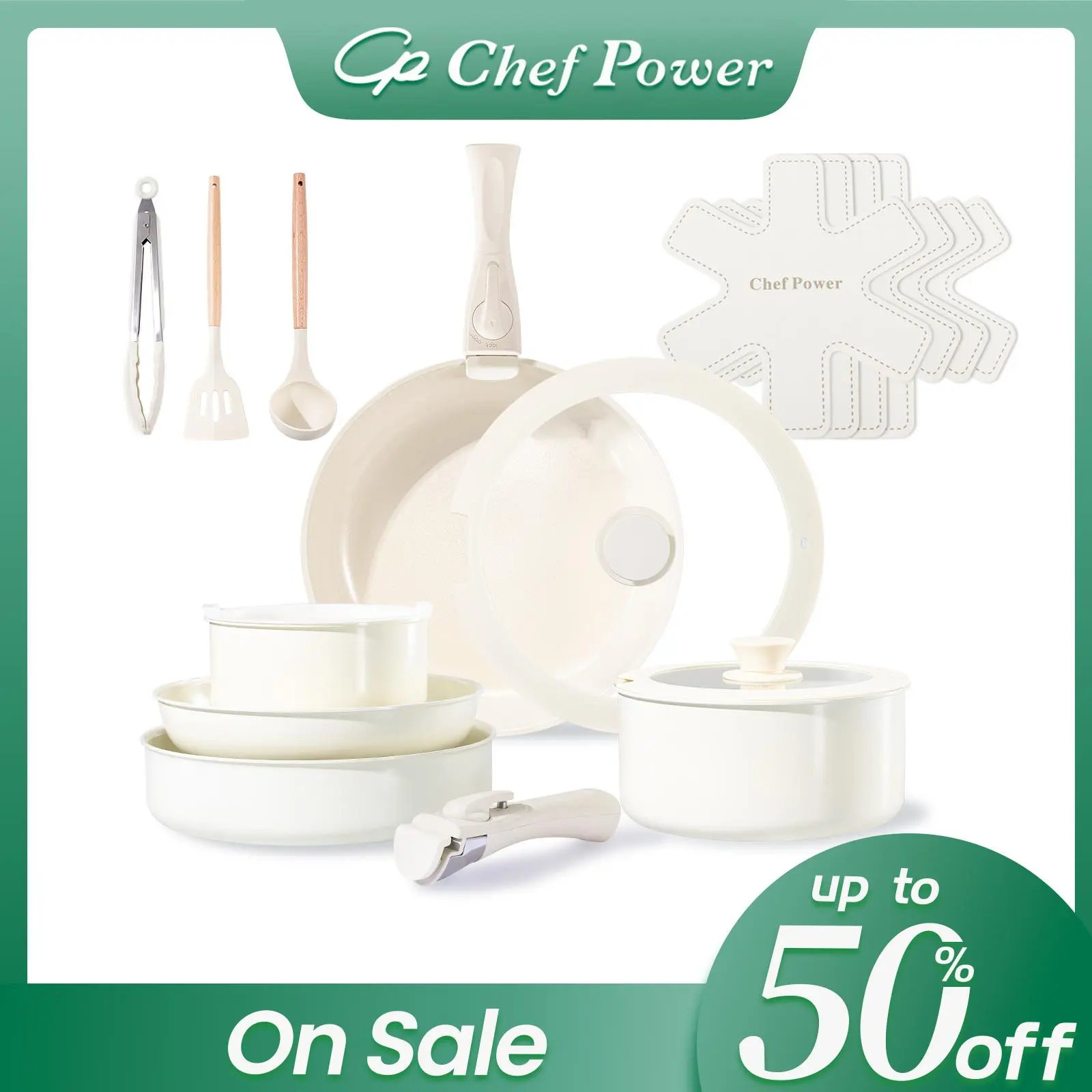 TikTokShopBlackFrida Chef Power Ceramic Pots and Pans Set  19 Pieces Detachable Handle Cream White Nonstick Cookware Sets, Induction Safe, Dishwasher Safe, Oven Safe, Lid Silicone, 19pcs removable handle cooking pots set