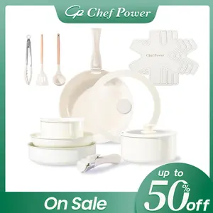 TikTokShopBlackFrida Chef Power Ceramic Pots and Pans Set  19 Pieces Detachable Handle Cream White Nonstick Cookware Sets, Induction Safe, Dishwasher Safe, Oven Safe, Lid Silicone, 19pcs removable handle cooking pots set