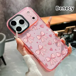 Pink Bow Reverie Pattern Phone Case Compatible with iPhone 17 Pro Max 16 15 Plus Air 14 13 12 11 Built-in Airbag Shockproof Full Coverage Transparent TPU Cover