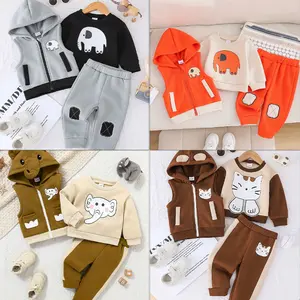 Toddler Boy 3-Piece Cartoon Elephant Outfit - Warm Hooded Vest, Sweatshirt & Patch Pants for Autumn Winter 12407059