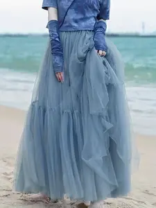Women's Plain Ruffle Hem Tulle Skirt, Casual Elegant High Waist Long Skirt for Beach Holiday Vacation, Ladies Clothes for All Seasons